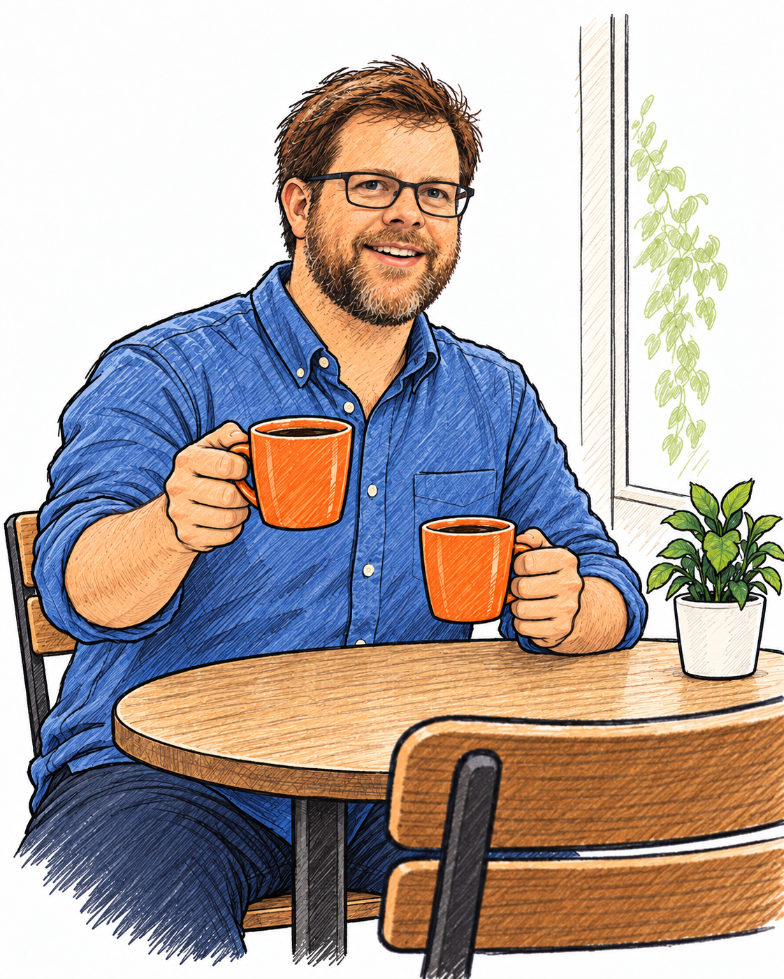 Peter sitting at a café table, smiling and holding two orange cups of coffee, with one offered casually to the viewer.
