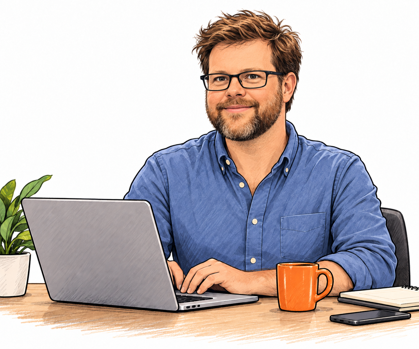 An illustration of Peter at his laptop, making eye contact with the viewer, with both hands on the desk.