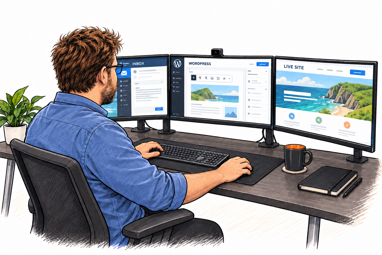 Peter working at his three-monitor desk, with email, WordPress editing and a live website open across the screens.
