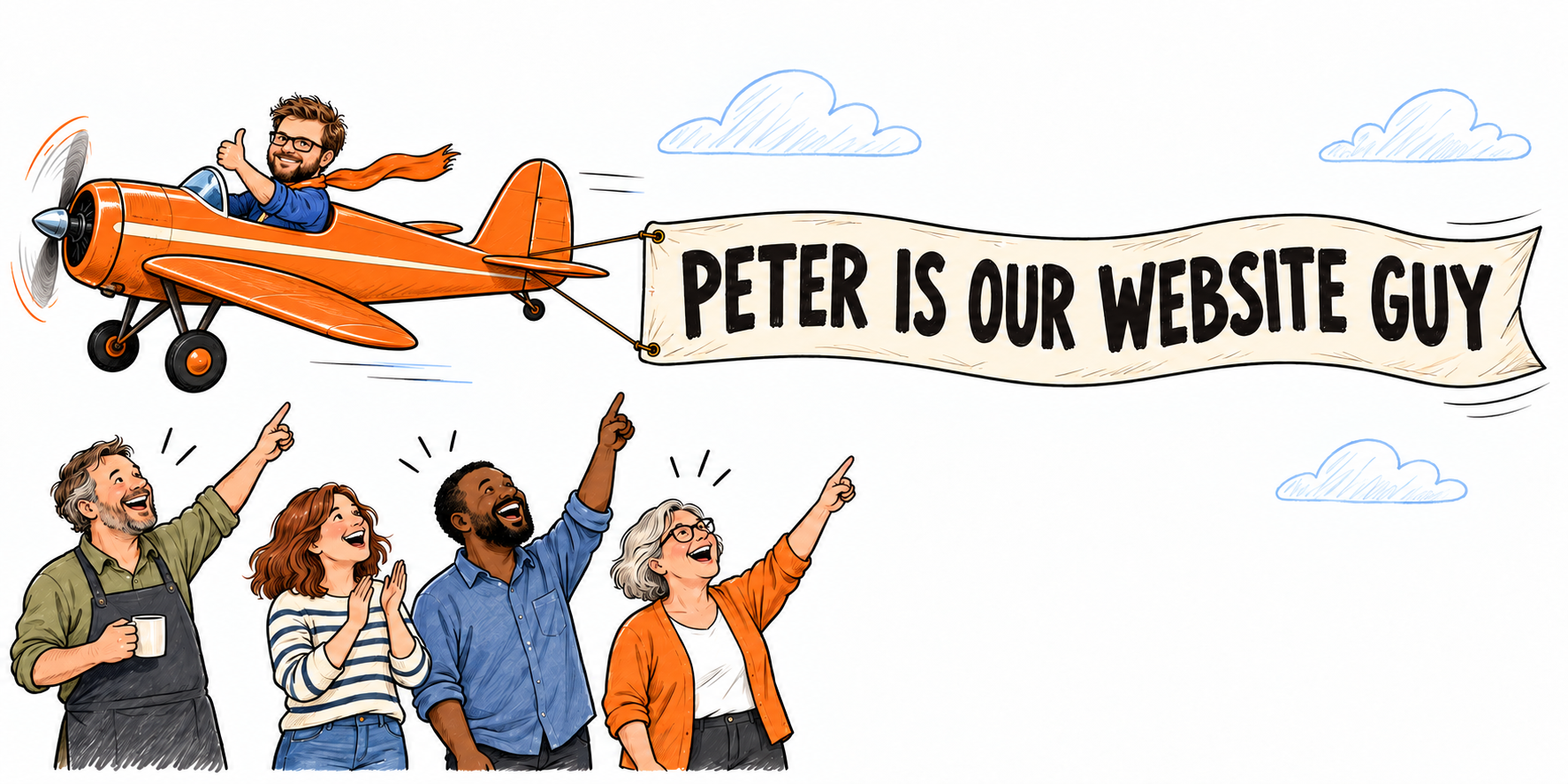 A plane tows a banner reading Peter is our website guy while a mixed group of business owners cheers below.